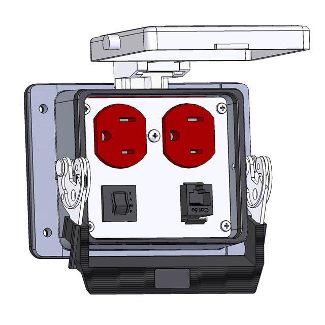 Mencom DP-RJ45-R-32 Panel Interface Connector with Duplex outlet, RJ45, and a 3amp reset, in a 32 housing