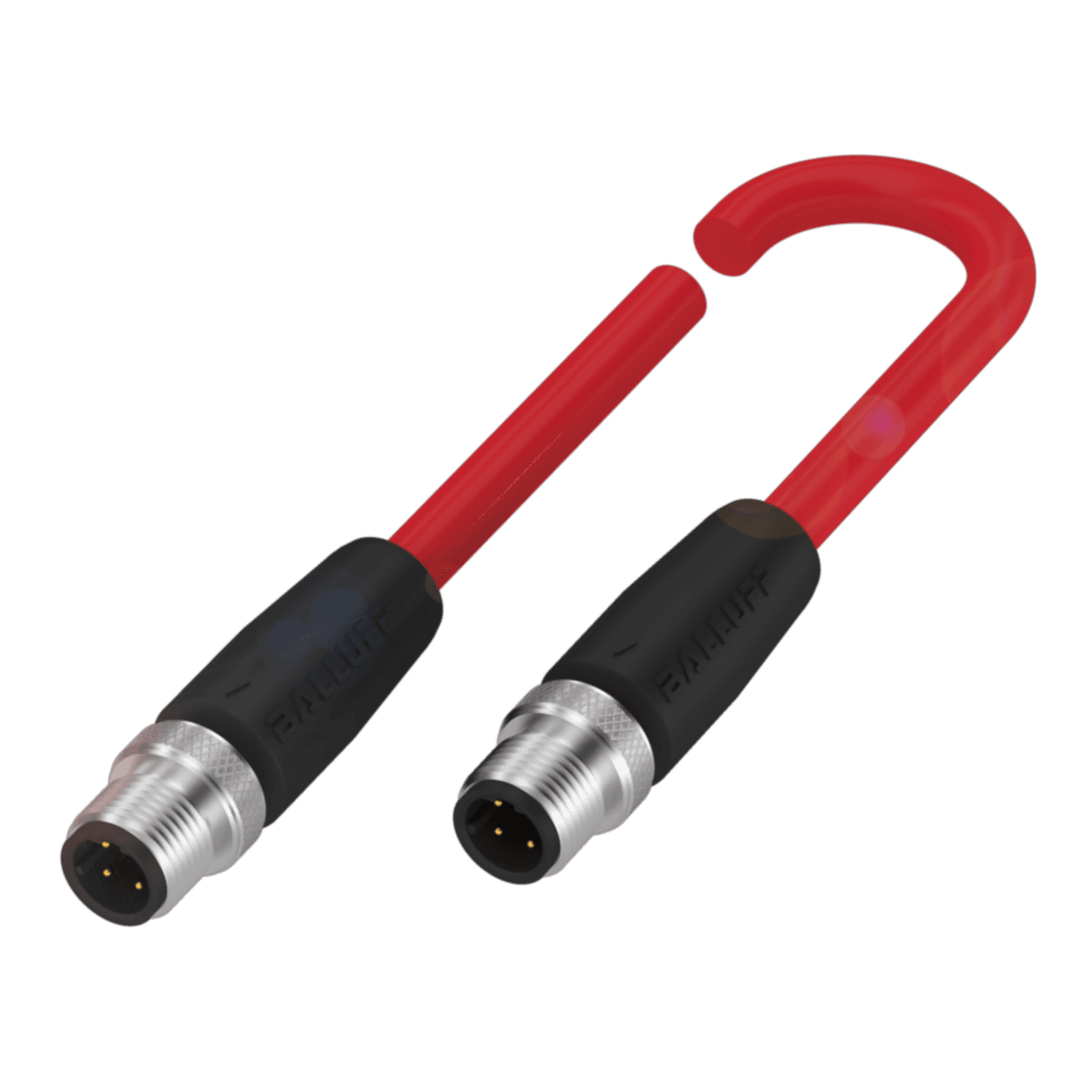 Balluff BCC0JKW Connection 1: M12x1-Male, straight, 4-pin, D-coded, Cable: TPE Shielded red, 3 m, Drag chain compatible, Connection 2: M12x1-Male, straight, 4-pin, D-coded, Number of conductors: 4, Cable temperature, flexible routing: -40...80 °C, Operating voltage Ub: 2