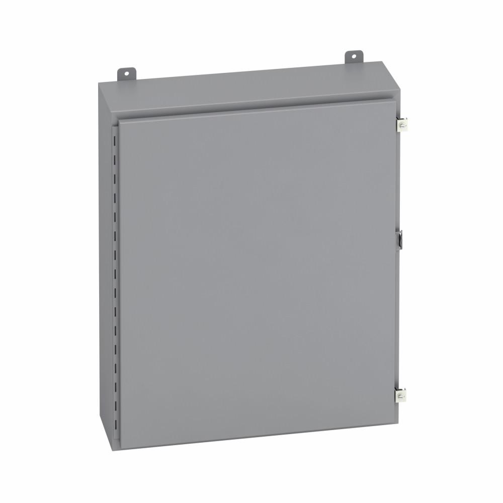 Eaton 16168-12 Eaton B-Line series wall mounted panel enclosure, 16" height, 8" length, 16" width, NEMA 12, Hinged cover, 12 enclosure, Wall mount, Small single door, External mounting feet, Carbon steel, Seamless poured in-place gasket