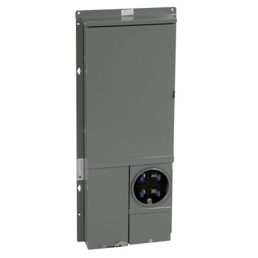Schneider Electric SC2040M125PF Square D by Schneider Electric SC2040M125PF is a Combination Service Entrance Device (CSED) designed for semi-flush mounting. It features a single ringed meter socket without a bypass and offers a connection type utilizing lugs for both ground and line connections. This device accommodates 20-spaces, supports a rated current of 125A, and is compatible with 8AWG to 2/0AWG aluminium/copper lugs for ground and 4AWG to 250kcmil aluminium/copper lugs for line connections. It is capable of housing 40 single pole circuits or 20 tandem breakers, with a short circuit breaking rating of 22kA.