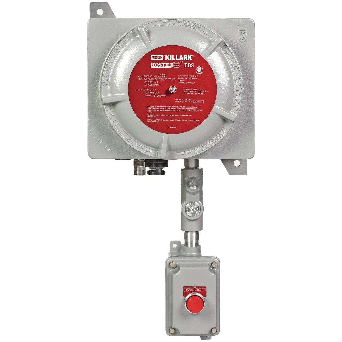 Hubbell EBS23DH-RNN The EBS Series Explosion Proof LED Emergency Battery Backup System is designed for egress or anti-panic applications. This fixture is made with a cast copper-free aluminum housing and fixture heads that are powder epoxy powder coat painted for extra corro