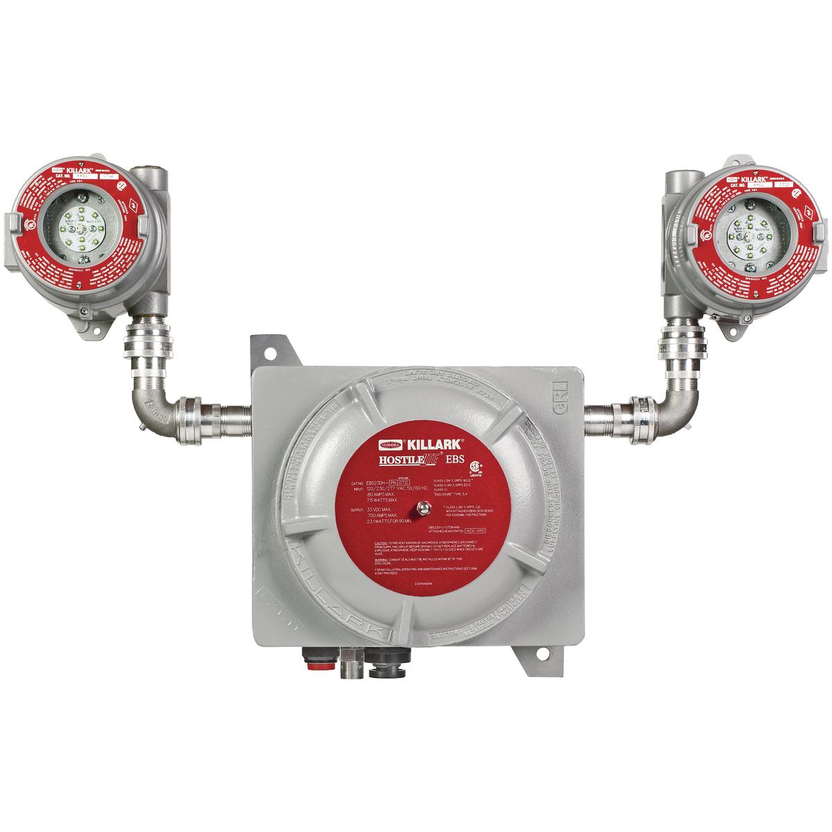 Hubbell EBS23DH-PTA The EBS Series Explosion Proof LED Emergency Battery Backup System is designed for egress or anti-panic applications. This fixture is made with a cast copper-free aluminum housing and fixture heads that are powder epoxy powder coat painted for extra corro