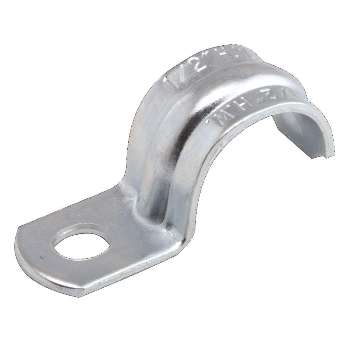 Hubbell 1334 1 in. Rigid/IMC 1-Hole Push-On Strap  ; Stamped steel construction ensures mechanical protection ; Zinc-electroplated for added corrosion protection ; Snap on style allows easy positioning before mounting ; Not UL Listed ; Available in trade sizes of 1/2 