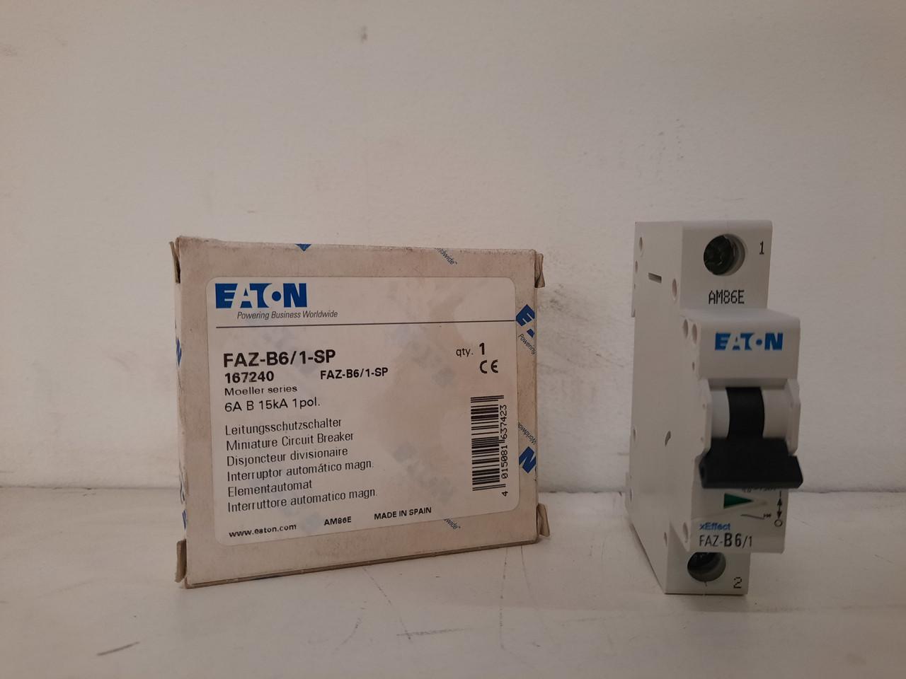 Eaton FAZ-B6/1-SP Eaton FAZ supplementary protector,UL 1077 Industrial miniature circuit breaker-supplementary protector,Single package,Low levels of inrush current are expected,6 A,15 kAIC,Single-pole,240/415 V,3-5X/n,Q38,50-60 Hz,Standard terminals,B Curve