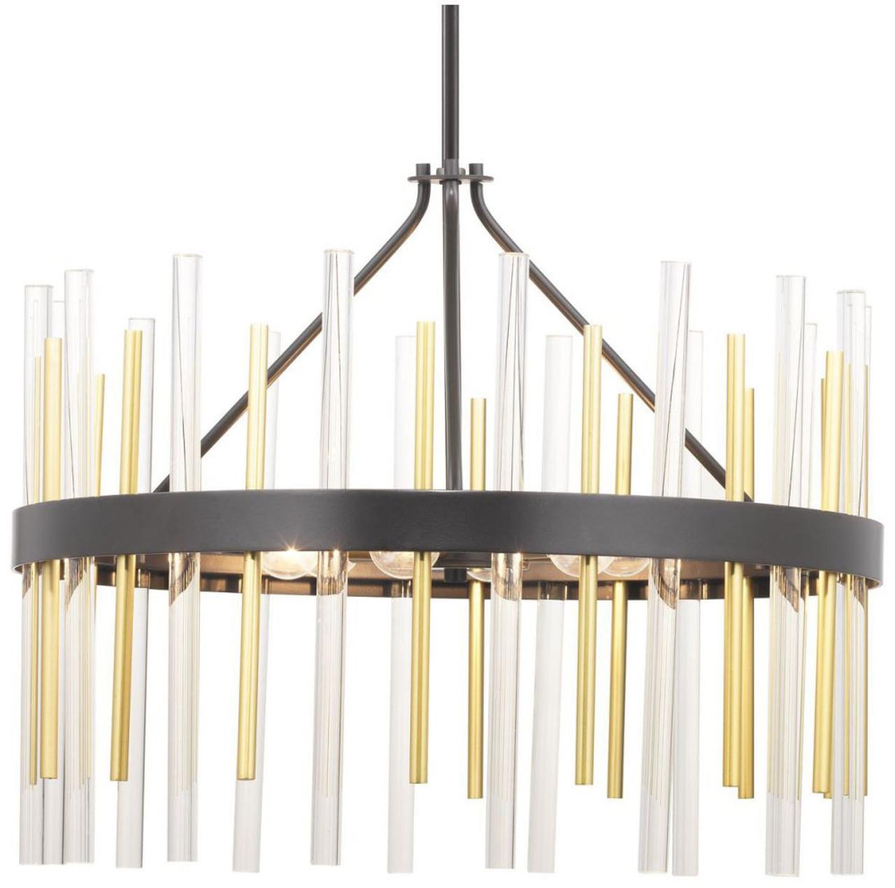 Hubbell P400176-031 Suitable for sleek and sophisticated interiors, the Orrizo Collection's six-light chandelier presents an artful arrangement of clear glass and golden metal rods that adorn a Black band. Geometric and artisan design influences complement both Modern and Lu