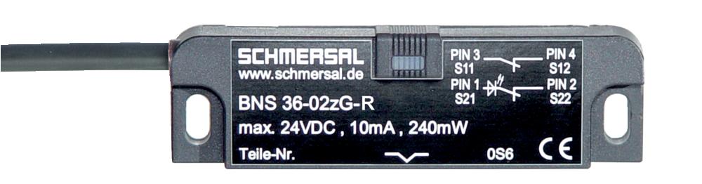 Schmersal BNS 36-11ZG-R Safety sensors; Magnetic safety sensors; Thermoplastic enclosure; Long life; no mechanical wear; 88 mm x 25 mm x 13 mm; Concealed mounting possible; Insensitive to transverse misalignment; Insensitive to soiling