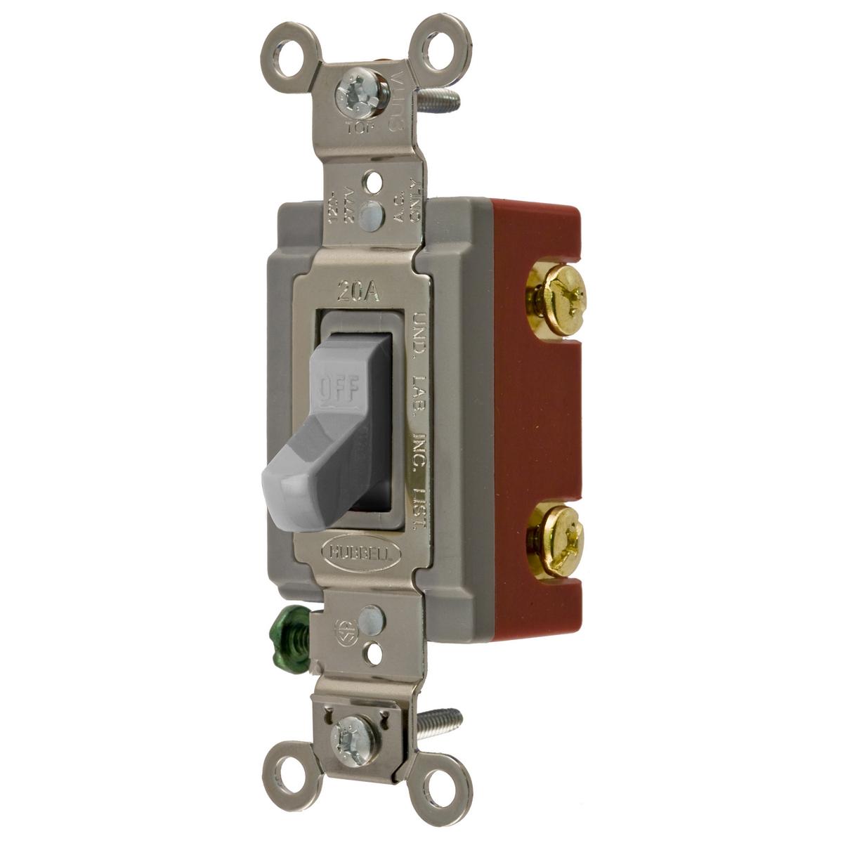 Hubbell HBL1221GY Switches and Lighting Controls, Extra Heavy Duty Industrial Grade, Toggle Switches, General Purpose AC, Single Pole, 20A 120/277V AC, Back and Side Wired, Gray Toggle  ; Large brass binding head screws with deep slots ; Abuse resistant nylon toggle ; Stri