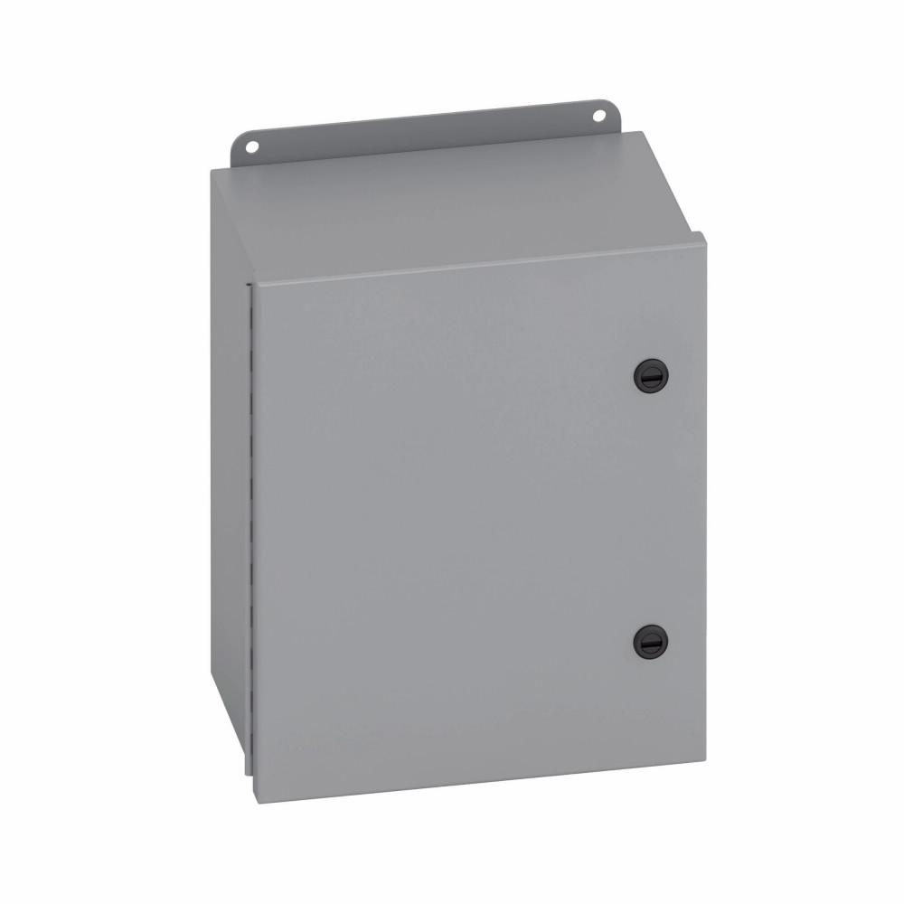 Eaton 12108-4QT Eaton B-Line series JIC panel enclosure, 12" height, 8" length, 12" width, NEMA 4, Hinged cover, 4QT enclosure, Wall mount, Small single door, External mounting feet, Carbon steel, Seamless poured in-place gasket