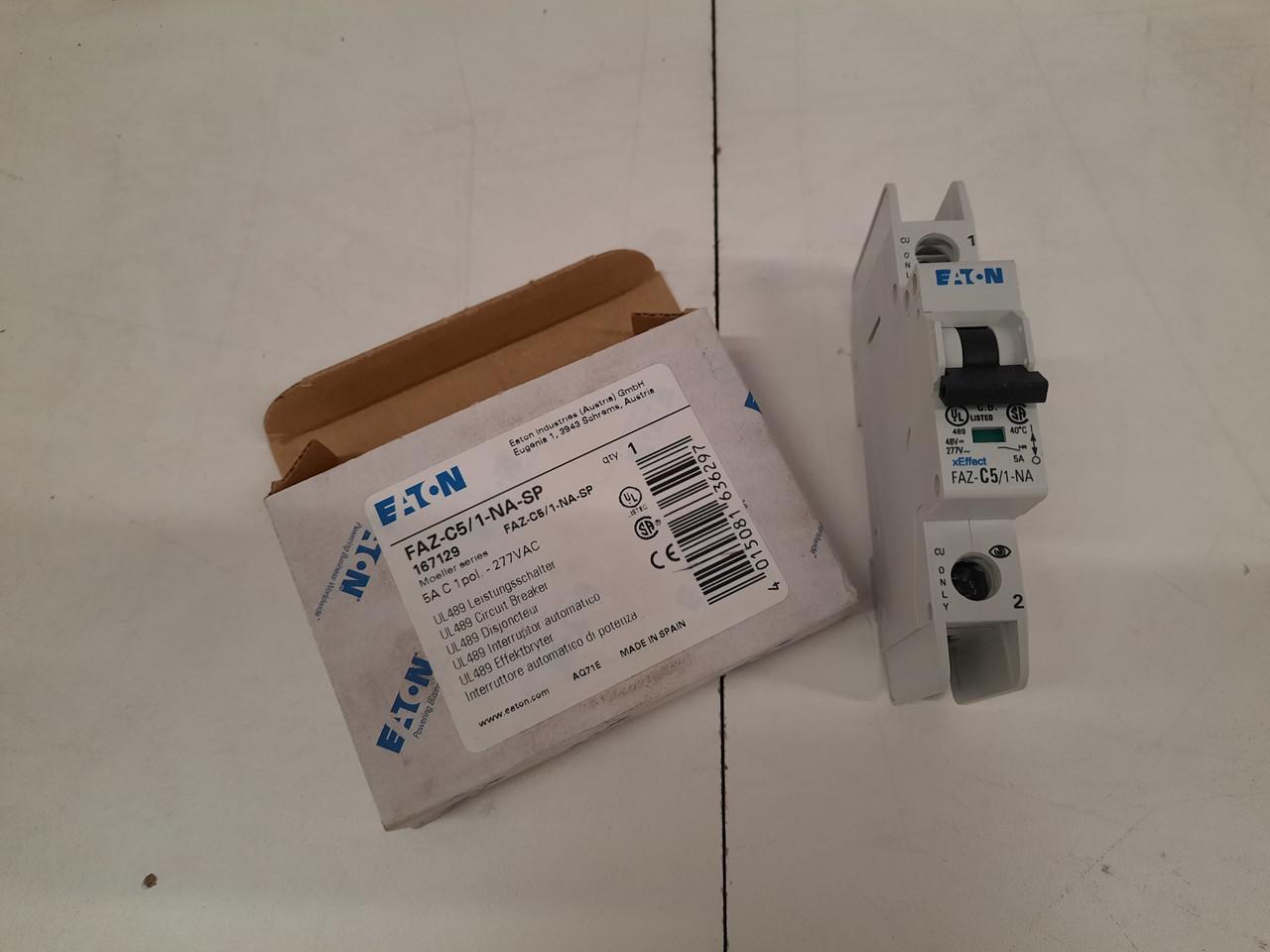 Eaton FAZ-C5/1-NA-SP Eaton FAZ branch protector,UL 489 Industrial miniature circuit breaker - supplementary protector,Single package,Medium levels of inrush current are expected,5 A,10 kAIC,Single-pole,277 V,5-10X /n,Q38,50-60 Hz,Screw terminals,C Curve