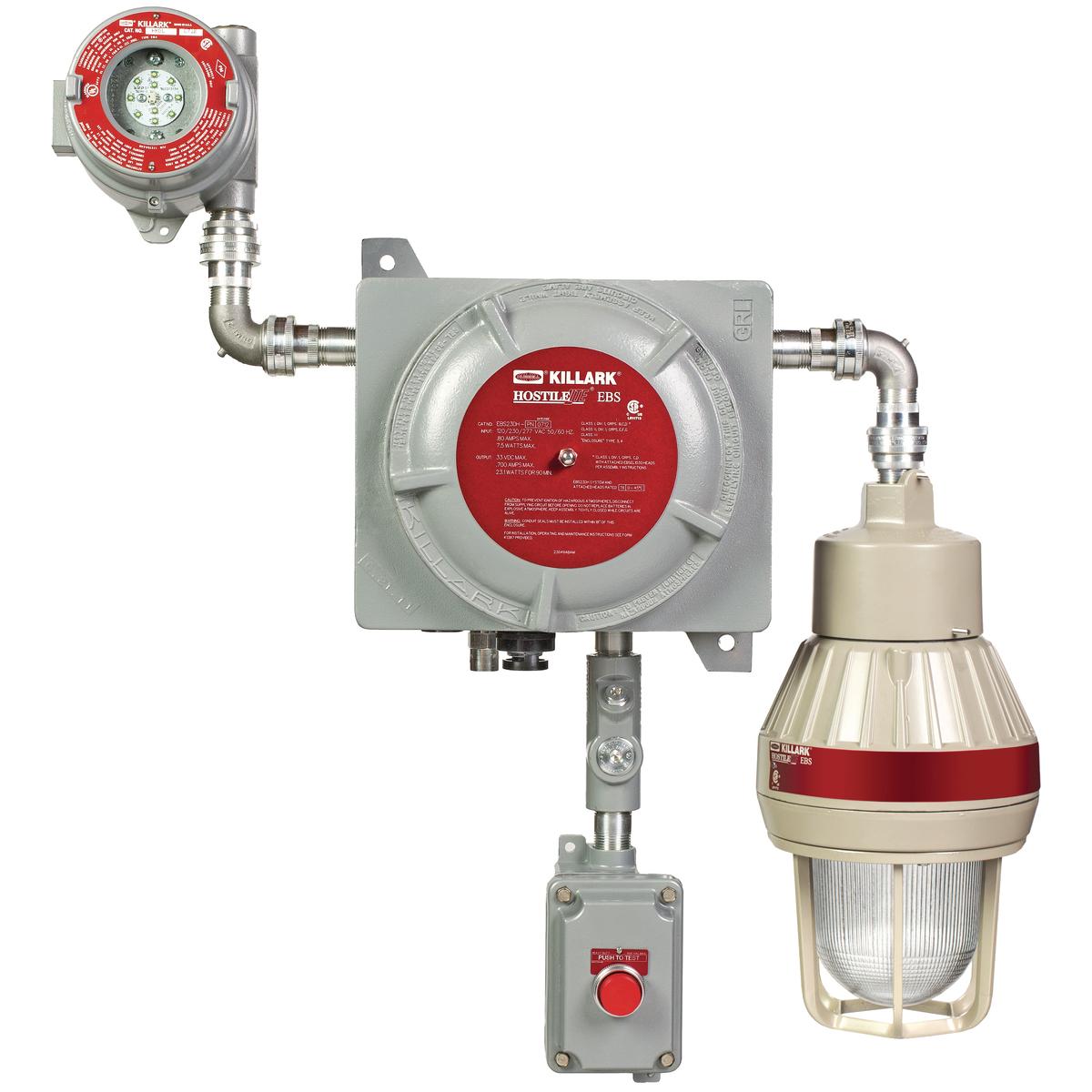 Hubbell EBS23DH-RNCG The EBS Series Explosion Proof LED Emergency Battery Backup System is designed for egress or anti-panic applications. This fixture is made with a cast copper-free aluminum housing and fixture heads that are powder epoxy powder coat painted for extra corro