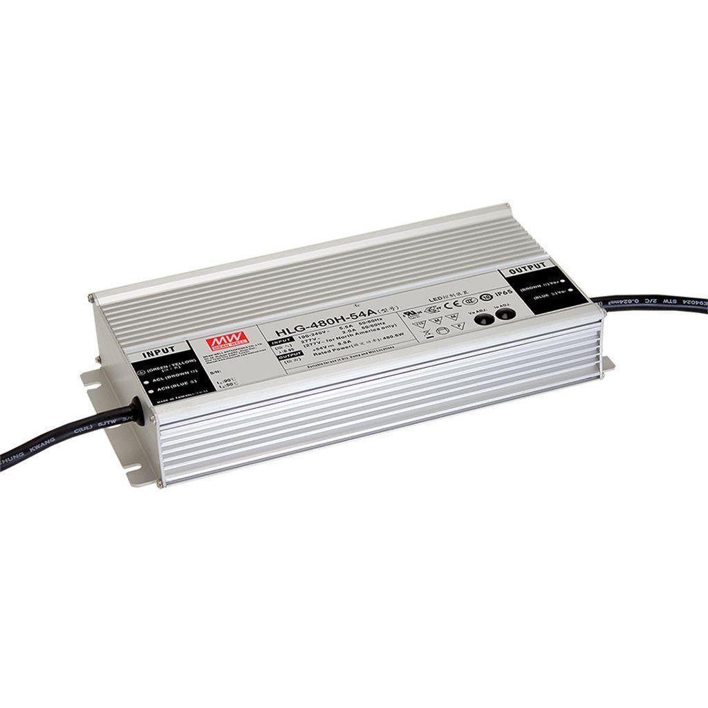 MEAN WELL HLG-480H-24B AC-DC Single output LED driver Mix mode (CV+CC) with built-in PFC; Output 24VDC at 20A; 3 in 1 dimming; IP67; Cable output