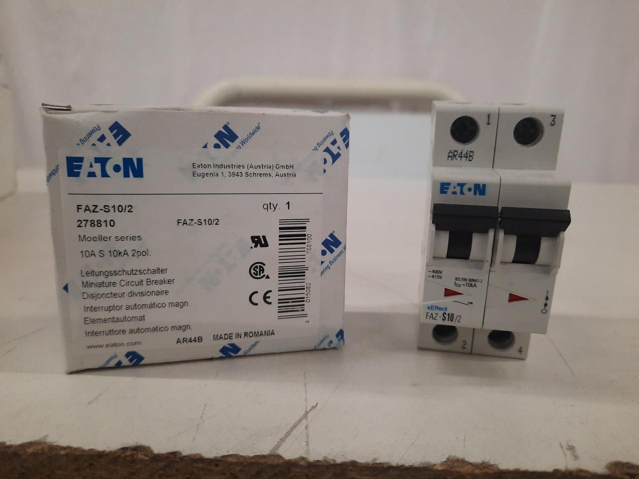 Eaton FAZ-S10/2 277/480 VAC 50/60 Hz, 10 A, 2-Pole, 10 kA, 13 to 17 x Rated Current, Line/Load Terminal, DIN Rail Mount, Standard Packaging, S-Curve, Current Limiting, Thermal Magnetic