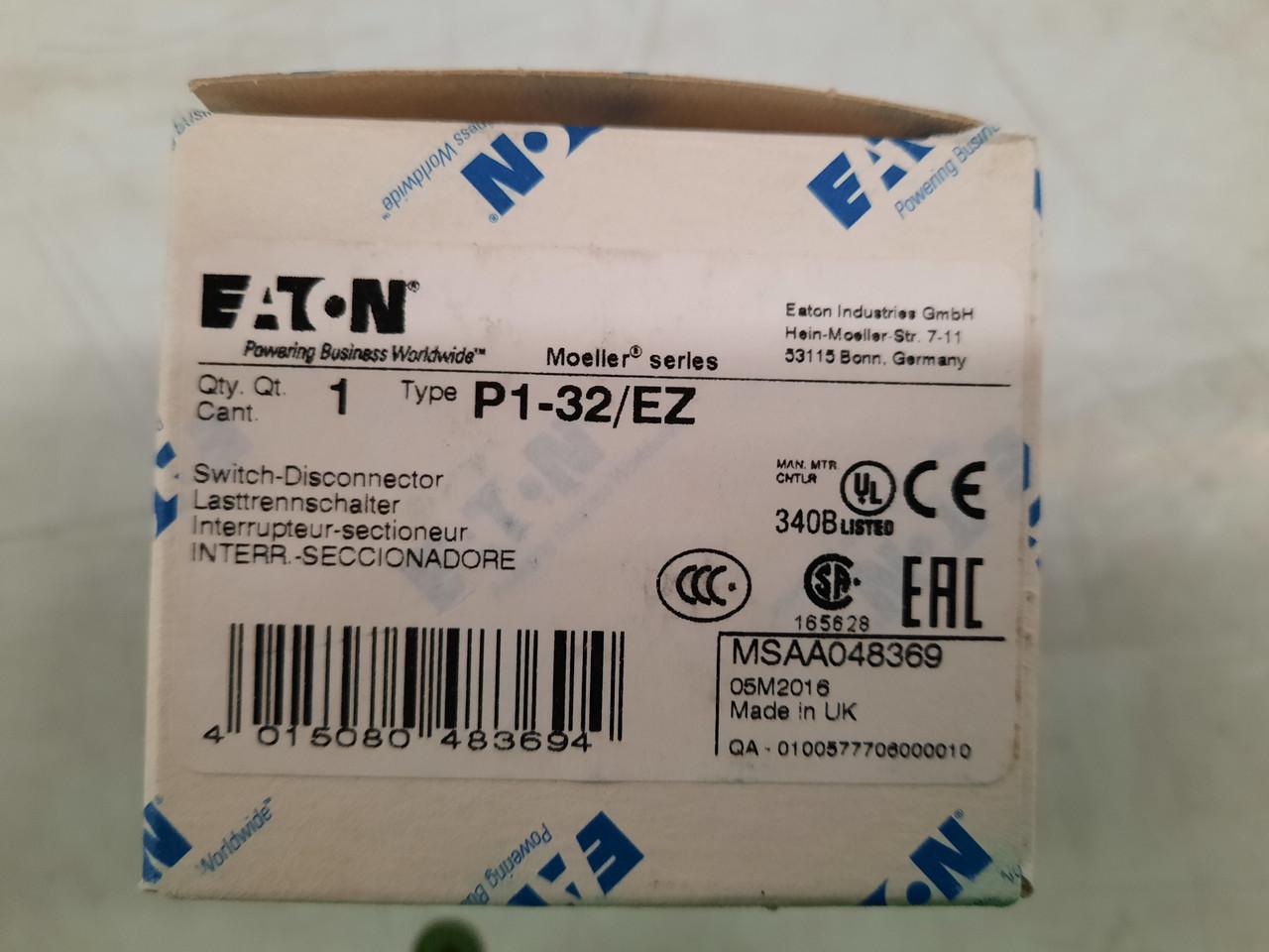 Eaton P1-32/EZ 690 VAC, 1/3-Phase, 32 A, 15 kW, 3-Pole, M4 Screw Terminal, 90D Switching Angle On-Off Black Thumb Grip Handle and Front Plate, Toggle, Center Mount, NEMA 12, IP65, Class J Fusible, Rotary Disconnect Switch
