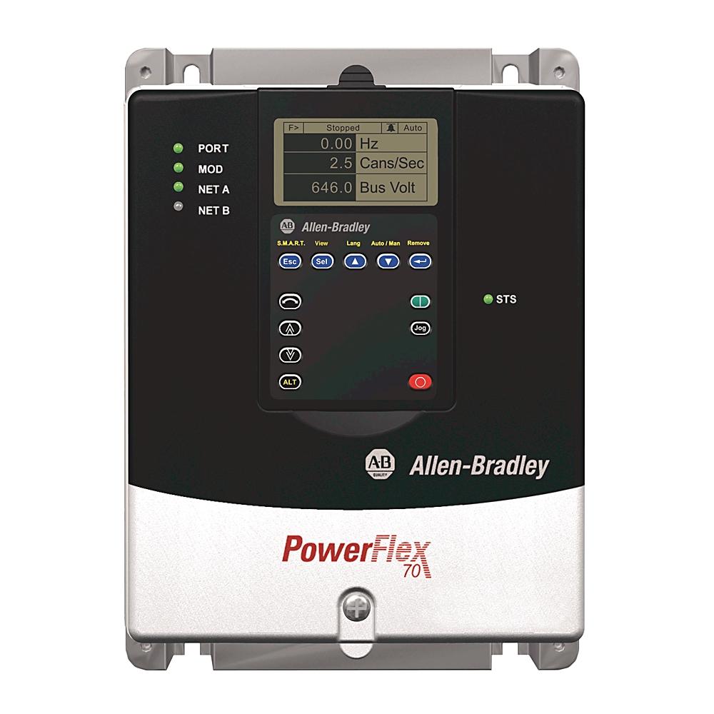 Allen Bradley 20AD5P0A0AYNNNC0  PowerFlex70 AC Drive, 480 VAC, 3 PH, 5 Amps, 3 HP Normal Duty, 2 HP Heavy Duty,Panel Mount - IP20 / NEMA Type 1, with conformal coating, No HIM  (Blank Plate), Brake IGBT Installed, Without Drive Mounted Brake Resistor, Without CE compliant filter, No Co