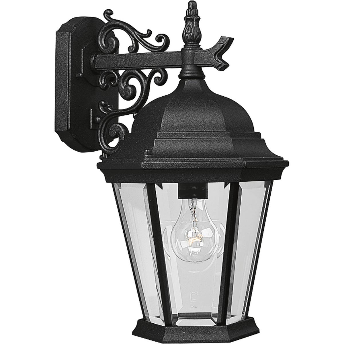 Hubbell P5683-31 The Welbourne collection features hexagonal framework with vine inspired scrolls and clear beveled glass panels. Cast aluminum construction with durable powder coat finish. One-light 9-3/4" outdoor wall lantern.  ; Hexagonal framework. ; Vine inspired scr