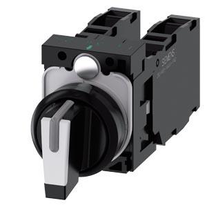 Siemens 3SU1100-2BM60-1LA0 Selector switch, illuminable, 22 mm, round, plastic, white, selector switch, short, 3 switch positions I>O<II, momentary contact type, 10:30h/12h/13:30h, with holder, 2x1NO+1NC, screw terminal