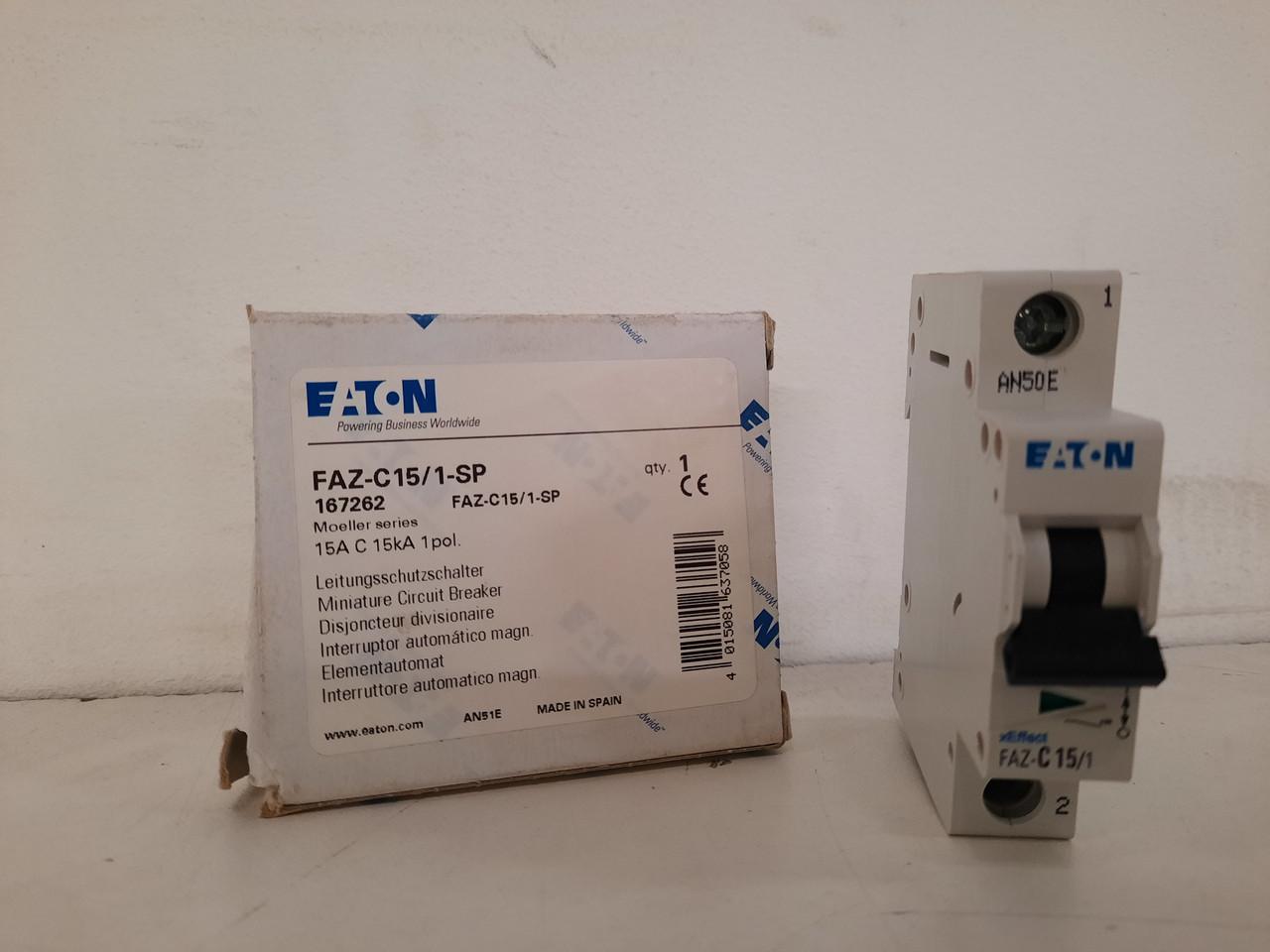 Eaton FAZ-C15/1-SP Eaton FAZ supplementary protector,UL 1077 Industrial miniature circuit breaker-supplementary protector,Single package,Medium levels of inrush current are expected,15A,15 kAIC,Single-pole,277 V,5-10X/n,Q38,50-60 Hz,Standard terminals,C Curve