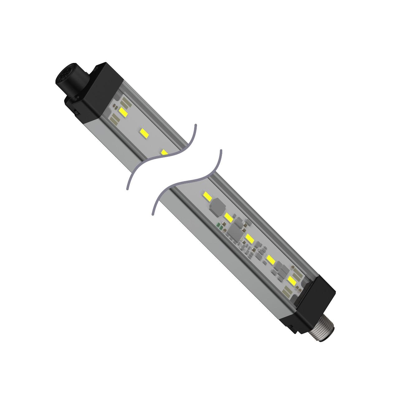 Banner WLS28-2CW430DXQ Banner Engineering WLS28-2CW430DXQ is a cascadable LED industrial strip light/bar designed for task lighting applications. It features a diffused plastic window for 1-color Cool White (W) LED illumination and operates on a supply voltage range of 12Vdc to 30Vdc, with a nominal voltage of 24Vdc. The dimensions of this product are L430mm x W28mm, and it is constructed with a polycarbonate (PC) window and an aluminium housing. This linear light strip is pre-equipped with a 4-pin M12 Euro-style QD connector for connectivity. It has an IP50 degree of protection, making it suitable for surface or wall mounting. The ambient air temperature for operation ranges from -40°C to +70°C. Additionally, it includes 1 x digital input (12-30Vdc) for color control and offers a luminous flux of 900 lm (lumens).