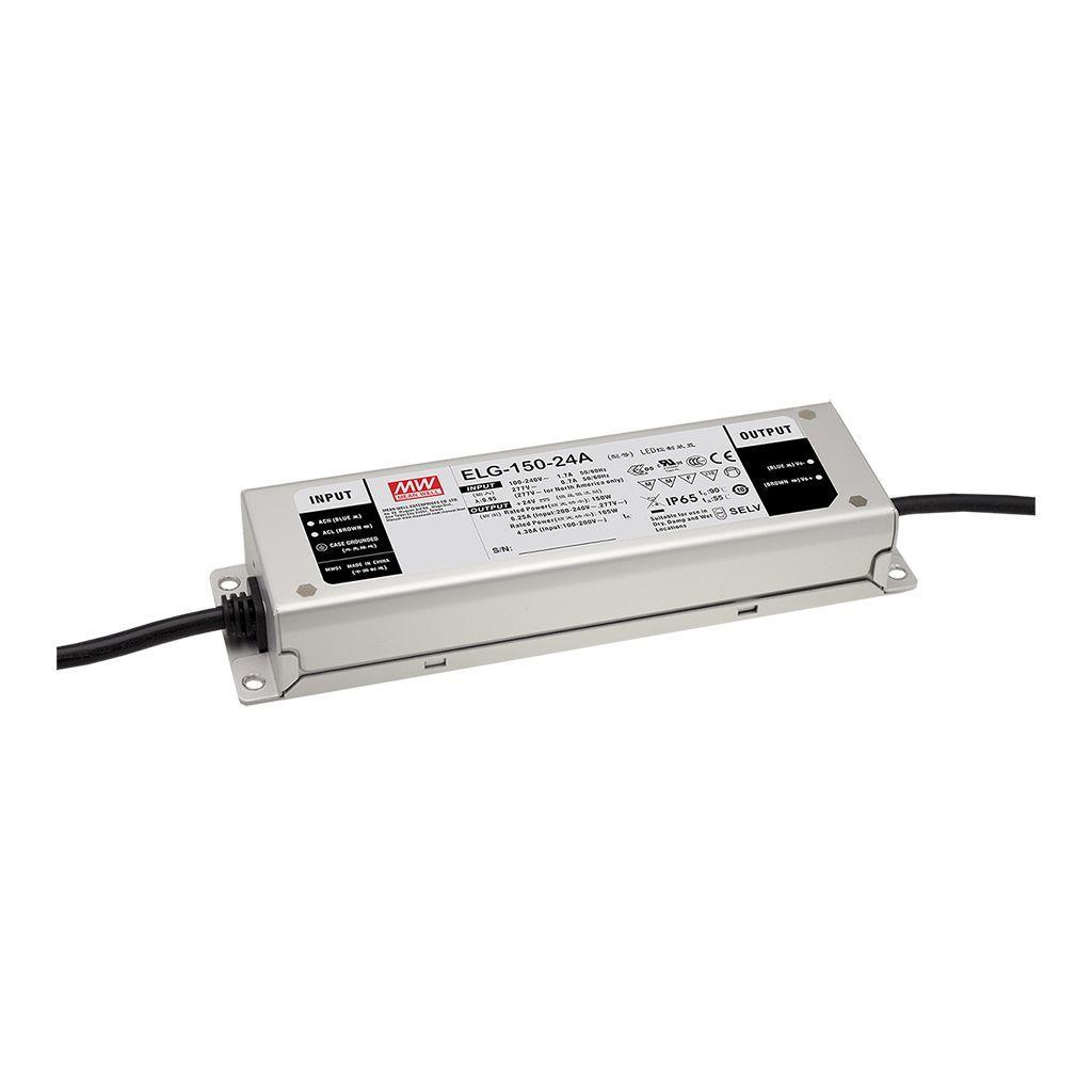 MEAN WELL ELG-150-24D2-3Y AC-DC Single output LED Driver Mix Mode (CV+CC) with PFC; 3 wire input; Output 24VDC at 6.25A; Smart timer dimming and programmable function; IP67; Cable output