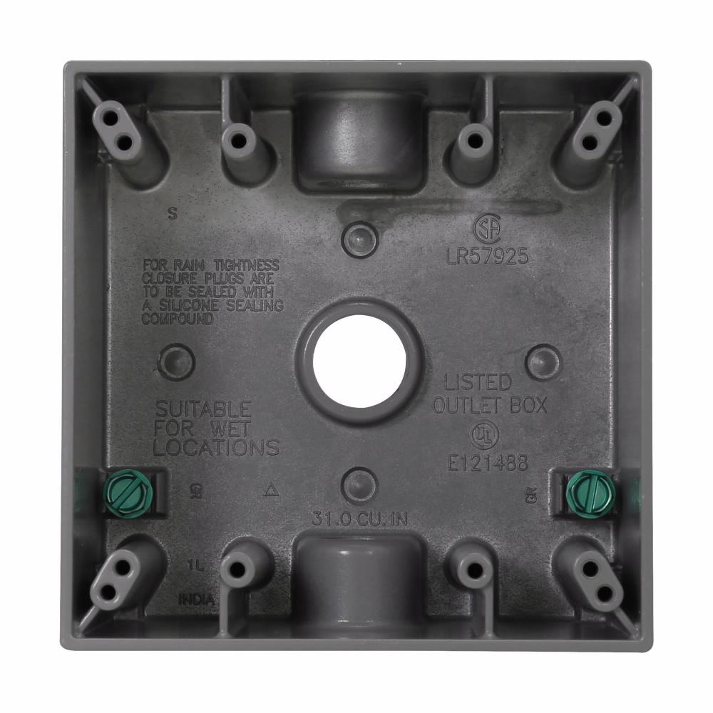 Eaton TP7090 Eaton Crouse-Hinds series weatherproof outlet box, 30.5 cu in, Gray, 2" deep, Die cast aluminum, Two-gang, (3) 3/4" outlet holes