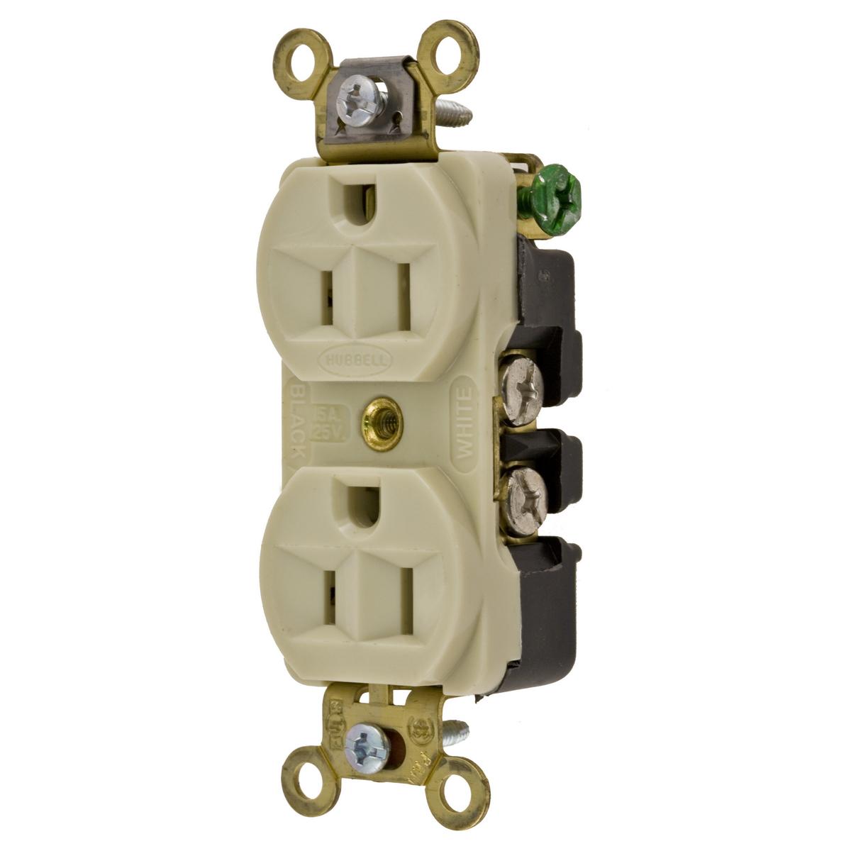 Hubbell HBL5252I Hubbell Wiring Device Kellems, Straight Blade Devices, Receptacles, Duplex, Industrial Grade, 2-Pole 3-Wire Grounding, 15A 125V, 5-15R, Ivory, Single Pack  ; Slender/compact design ; Brass Mounting Strap ; Triple wipe contacts ; Compact design and Self Gr