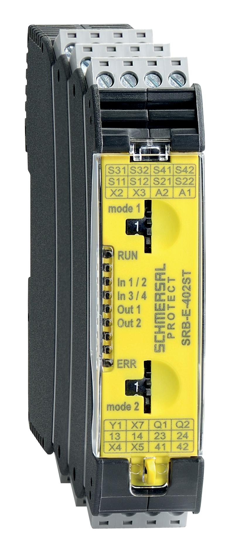 Schmersal SRB-E-402ST Safety-monitoring modules; Combination (double evaluation); Two-functions safety monitoring module (double evaluation), 2 x STOP 0; 2 x 1 oder 2-channel control; 2 x Start button / Auto-start; 1 x Monitoring two-hand control panels to ISO 13851; 2 safety 