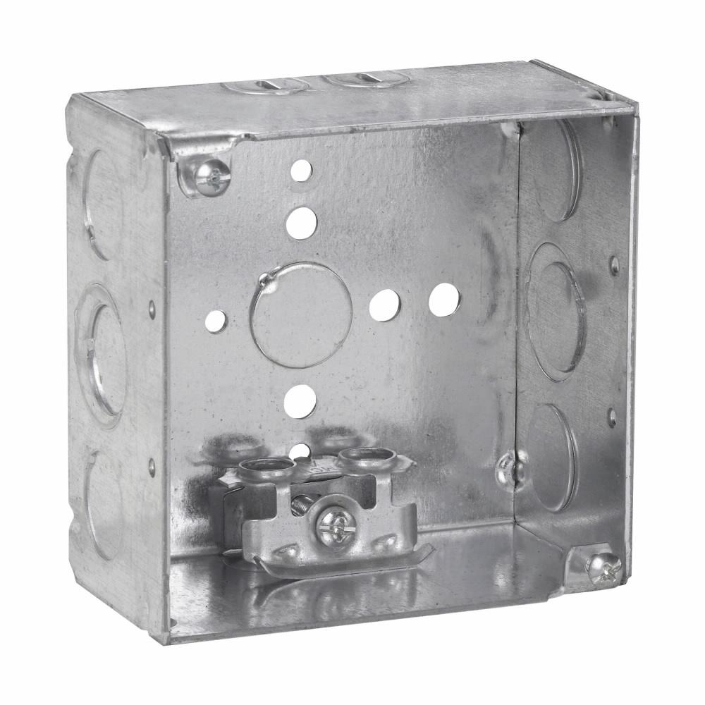 Eaton TP431 Eaton Crouse-Hinds series Square Outlet Box, (1) 1/2", 4", 4, AC/MC clamps, Welded, 2-1/8", Steel, (4) 1/2", (2) 1/2", (1) 3/4" E, 30.3 cubic inch capacity