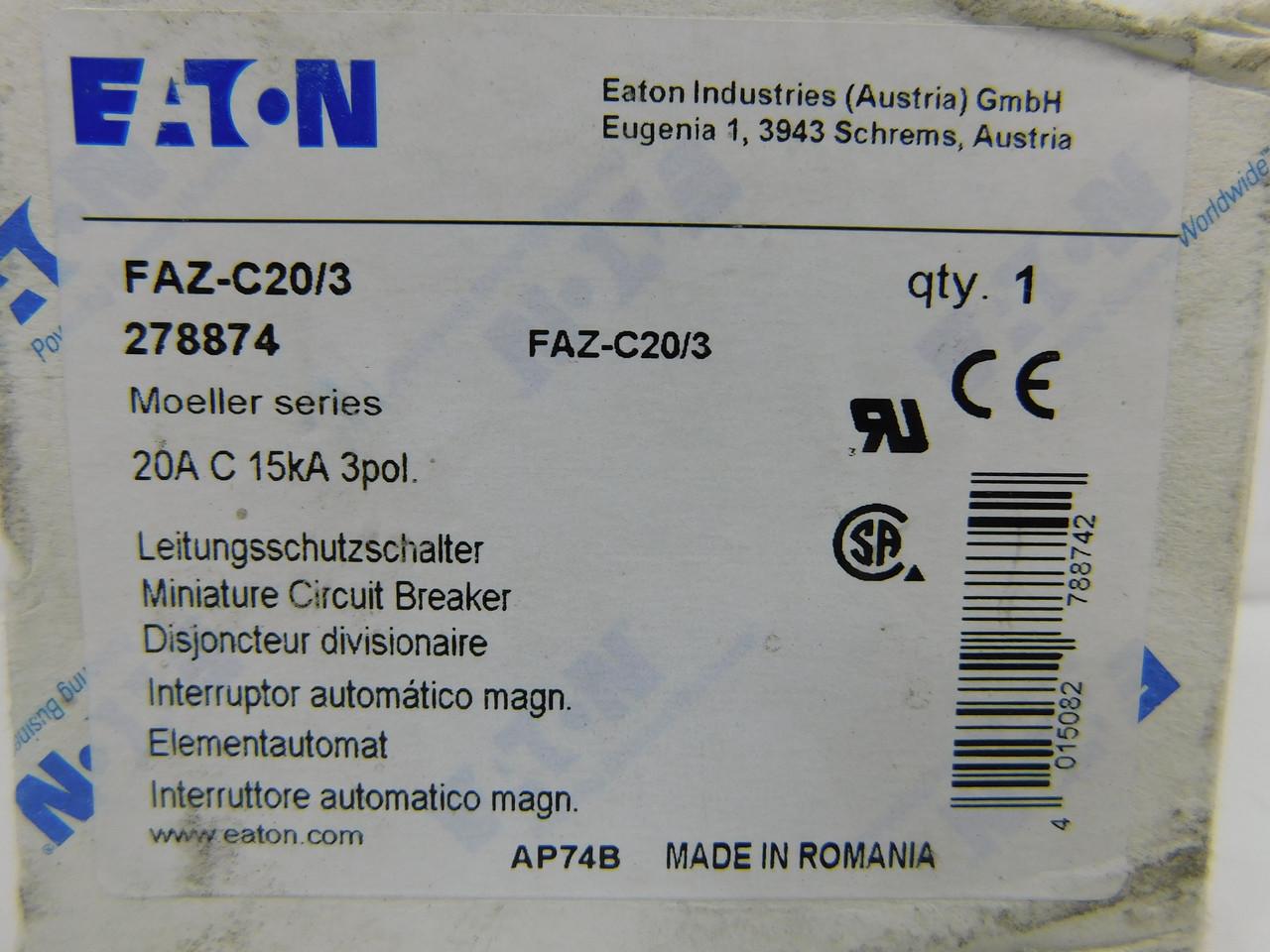 Eaton FAZ-C20/3 Eaton FAZ supplementary protector,UL 1077 Industrial miniature circuit breaker - supplementary protector,Medium levels of inrush current are expected,20 A,15 kAIC,Three-pole,5-10X /n,50-60 Hz,Standard terminals,C Curve