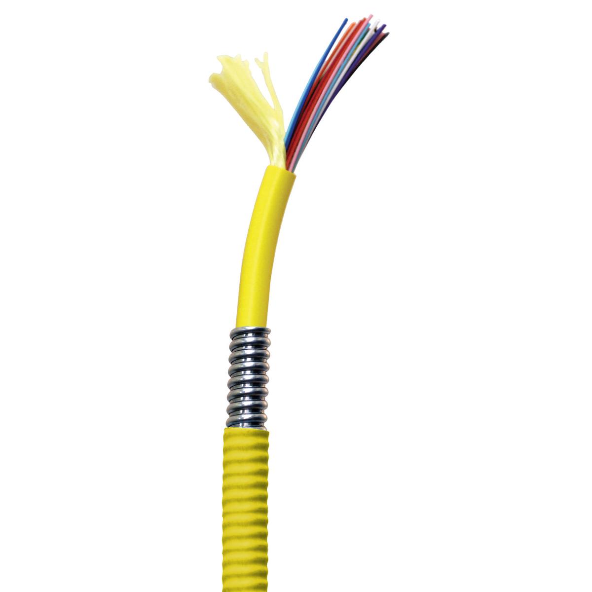Hubbell HFCB15012PS HFCD15 Series Hubbell Brand  Indoor Tight Buffer Distribution, 12 strand, Plenum, Armored, OS2, SM , Yellow Jacket  ; Corning ULTRA SMF-28� Singlemode Bend-Insensitive Optical Fiber ; E-Z Strip Buffer For Contractor-Friendly Termination ; Durable Aluminum