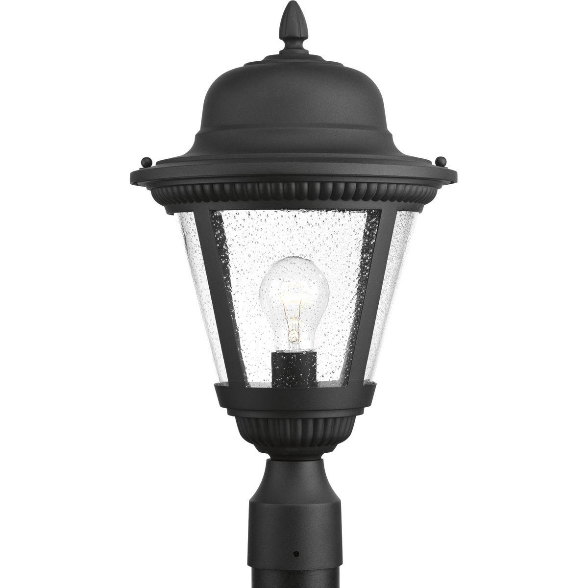 Hubbell P5458-31 Add a touch of rustic appeal and classic styling with beaded detailing in the Westport collection. Clear seeded glass compliments the durable powder coat finish in die-cast aluminum frames. One-light 11" post lantern. Black finish.  ; Rustic appeal with c