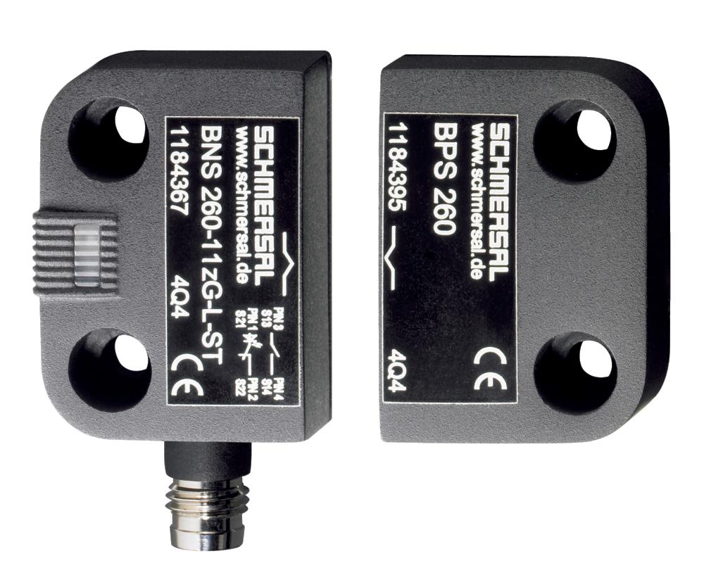 Schmersal BNS 260-11Z-ST-L Safety sensors; Magnetic safety sensors; Connector M8 x 1, 4-pole; Thermoplastic enclosure; Small body; Concealed mounting possible; 26 mm x 36 mm x 13 mm; Long life; no mechanical wear; Insensitive to transverse misalignment; Insensitive to soiling