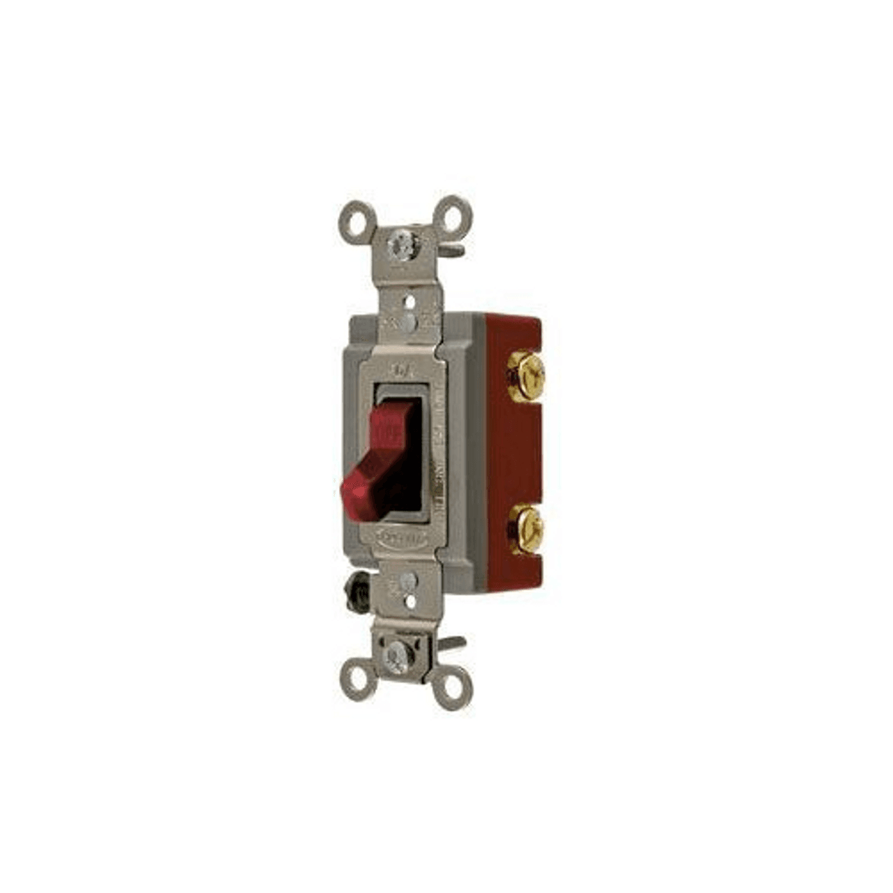Hubbell HBL1221R Switches and Lighting Controls, Extra Heavy Duty Industrial Grade, Toggle Switches, General Purpose AC, Single Pole, 20A 120/277V AC, Back and Side Wired, Red Toggle  ; Large brass binding head screws with deep slots ; Abuse resistant nylon toggle ; Strip