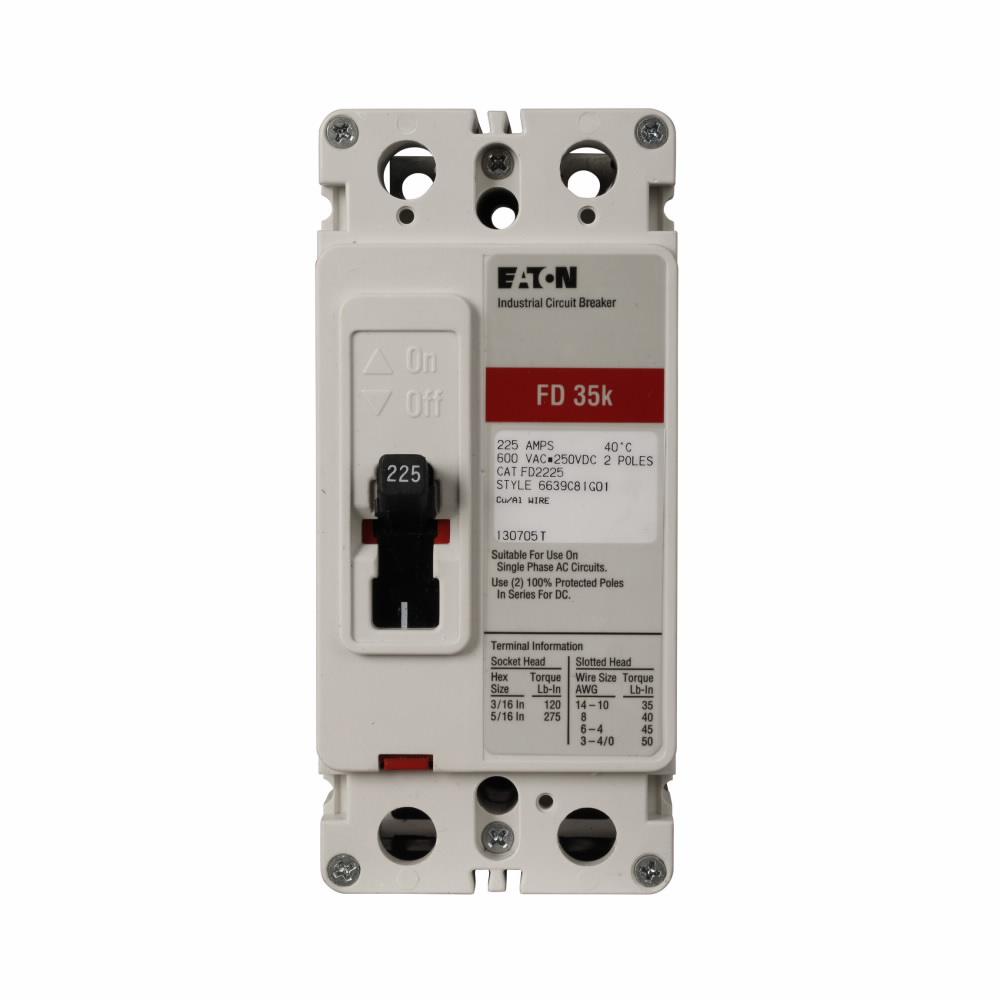 Eaton FD2090V Eaton Series C complete molded case circuit breaker, F-frame, FD, Complete breaker, Fixed thermal, fixed magnetic trip type, Two-pole, 90A, 600 Vac, 250 Vdc, 65 kAIC at 240 Vac, 35 kAIC at 480 Vac, Load side, 50°C, 50/60 Hz