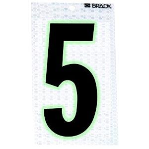 Brady Corp THT-1-423-10 Label; Glow-In-The-Dark/Ultra Reflective Number; Black Color; Glow-in-the-Dark Border/Silver; 5 Depicted Text; 0.3" Nominal Height; 3-1/2" Nominal Length; High Intensity Prismatic Reflective Sheeting/Photoluminescent Material; With Pressure Sensitive Adhe