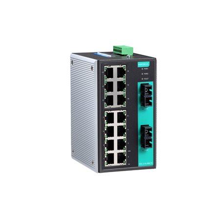 Moxa EDS-316-MM-SC Unmanaged Ethernet switch with 14 10/100BaseT(X) ports, 2 100BaseFX multi-mode ports with SC connectors, relay output warning, -10 to 60°C operating temperature