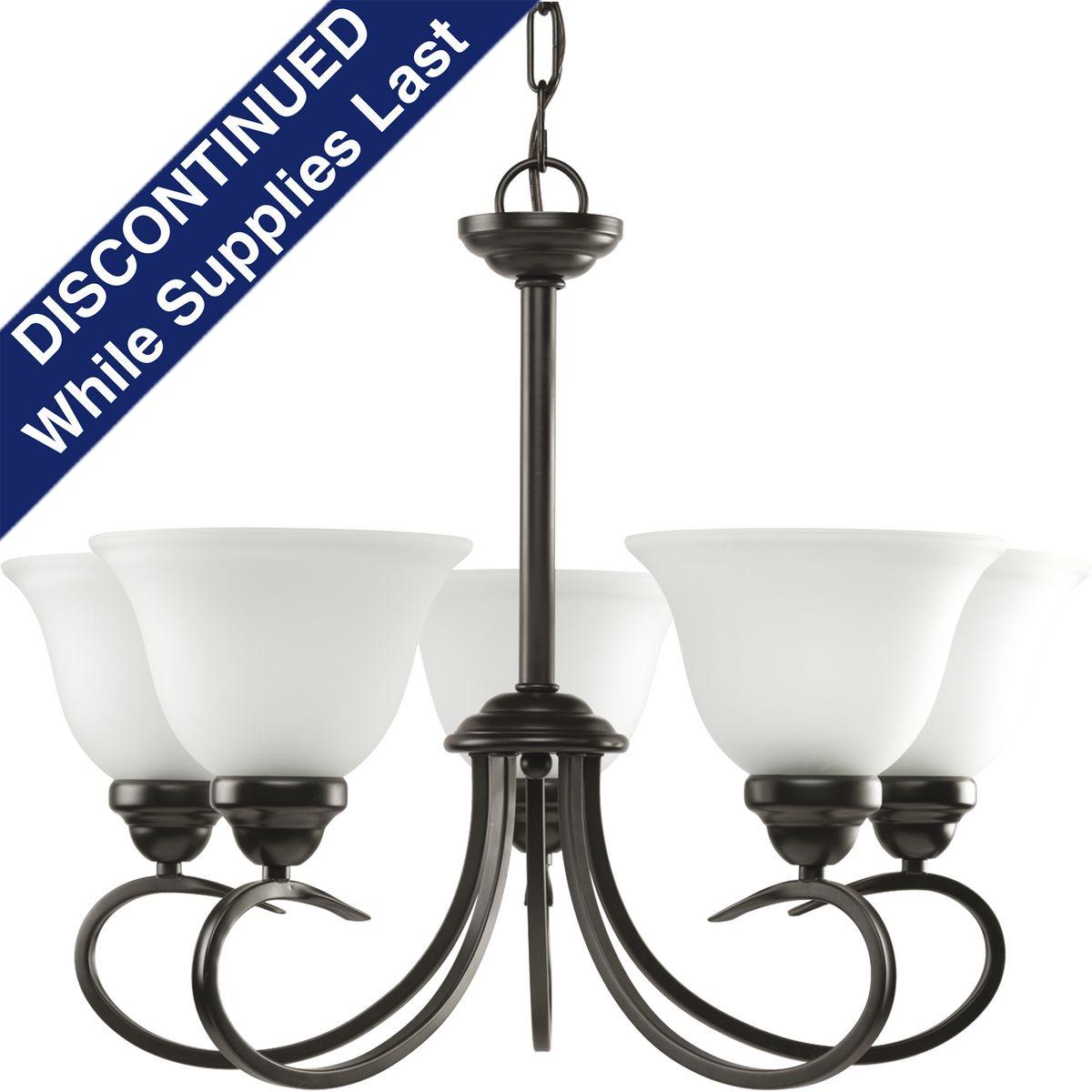 Hubbell HS41005-125 Featuring delicate scrolled metalwork and soft details, this casual five-light chandelier is perfect for many interiors. Slightly tapered etched glass shades are completed by a Bronze finish. This fixture is hung with the shades facing upwards only.  ; Br