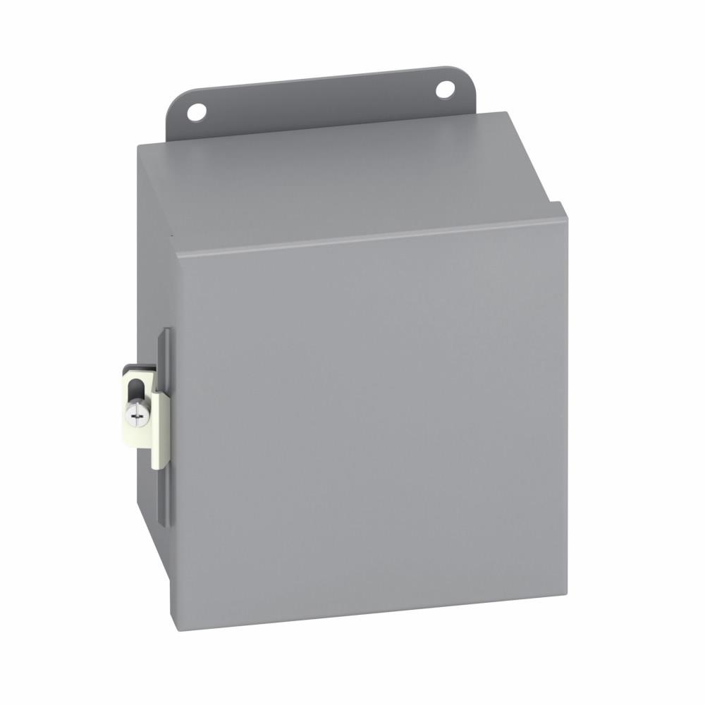 Eaton 12126-12CHC Eaton B-Line series JIC panel enclosure, 12" height, 6" length, 10" width, NEMA 12, Hinged cover, 12CHC enclosure, Wall mount, Small single door, External mounting feet, Carbon steel, Seamless poured in-place gasket