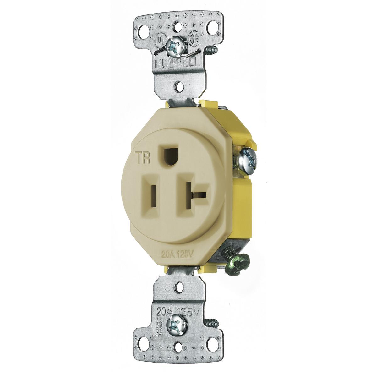 Hubbell RR201ITR TradeSelect, Straight Blade Devices, Residential Grade, Receptacles, Tamper Resistant Single, 20A 125V, 2- Pole 3-Wire Grounding, 5-20R, Self Grounding, Ivory  ; Smooth indented face appearance ; Multiple-drive Slot/Phillips/Robertson head screws ; Tough 
