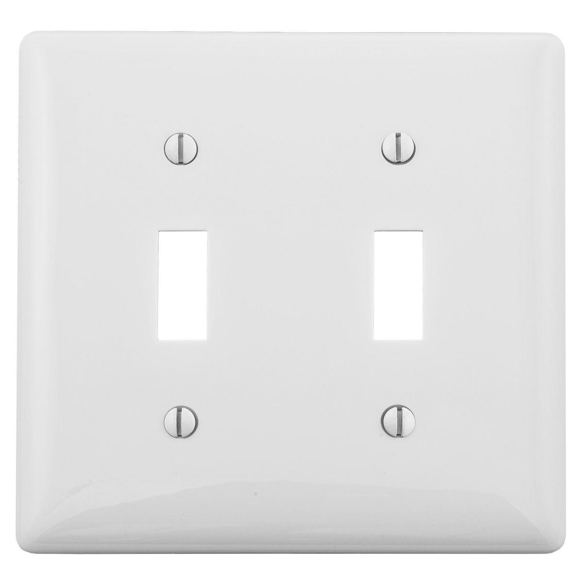 Hubbell NPJ2W Wallplates and Box Covers, Wallplate, Nylon, Mid-Sized, 2-Gang, 2) Toggle, White  ; Reinforcement ribs for extra strength ; Captive screw feature holds mounting screw in place ; High-impact, self-extinguishing nylon material ; Smooth, easy to clean finish