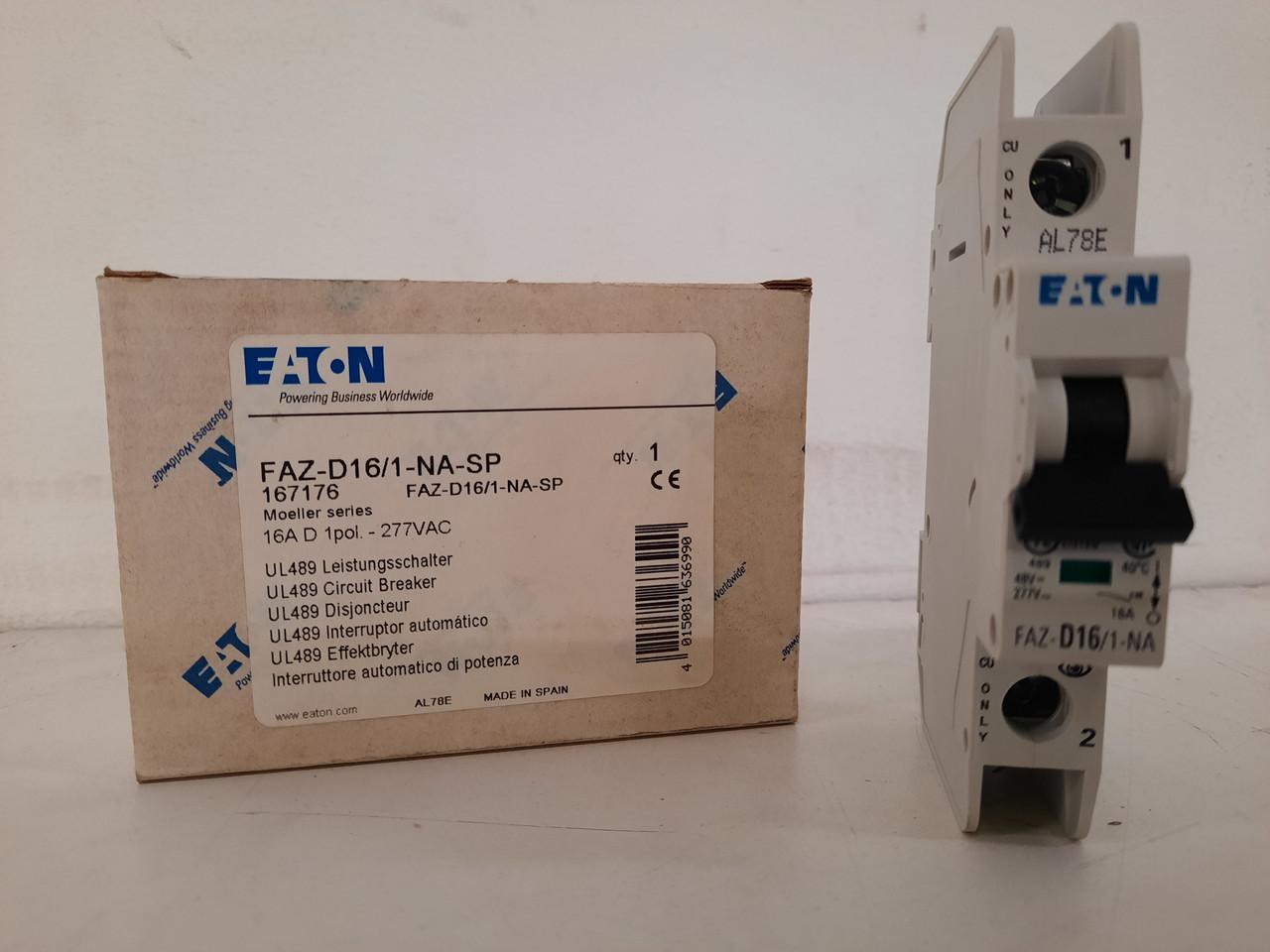 Eaton FAZ-D16/1-NA-SP Eaton FAZ branch protector,UL 489 Industrial miniature circuit breaker - supplementary protector,Single package,High levels of inrush current are expected,16 A,10 kAIC,Single-pole,277 V,10-20X /n,Q38,50-60 Hz,Screw terminals,D Curve