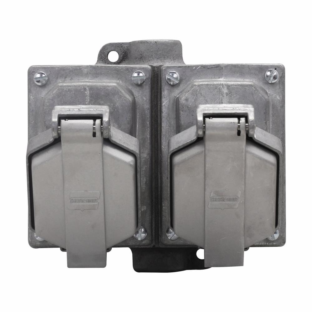 Eaton CPS152 112 Eaton Crouse-Hinds series Arktite CPS receptacle assembly, 20A, Through feed, Two-wire, three-pole, Brass contacts, 60 Hz, Style 2, 1 HP, Copper-free alum, 2-gang, Factory sealed, 1/2", Delayed action circuit breaking, 125-250 Vac/18 Vdc