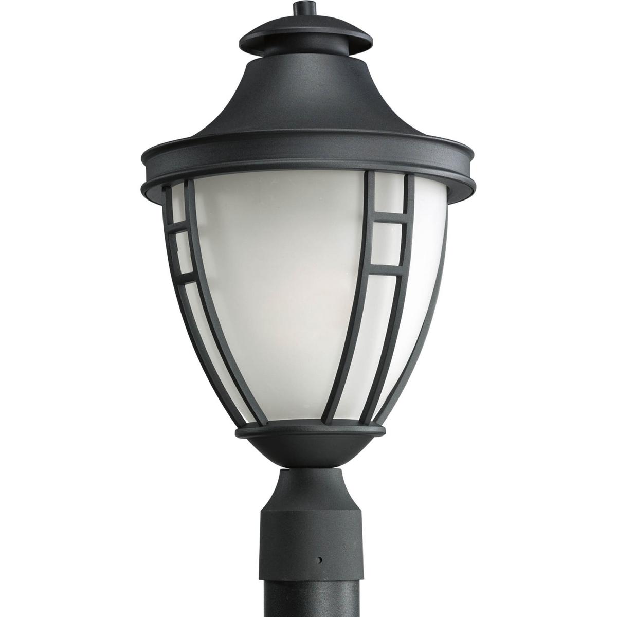 Hubbell P5402-31 One-light steel post lantern with etched glass and a textured Black powdercoat finish.  ; Black finish. ; Etched glass enclosure. ; Textured powdercoat finish.