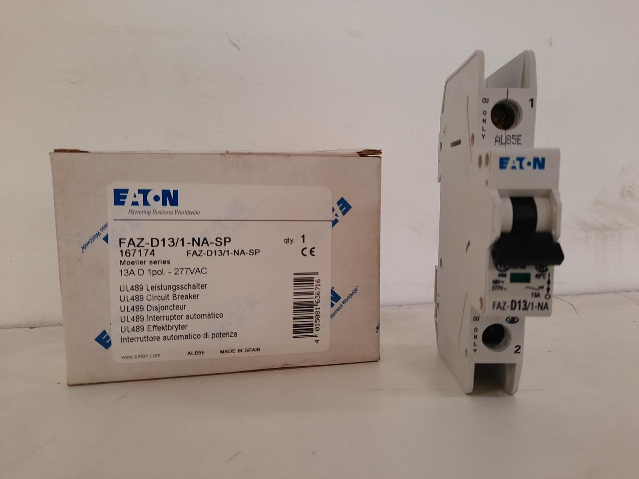Eaton FAZ-D13/1-NA-SP Eaton FAZ branch protector,UL 489 Industrial miniature circuit breaker - supplementary protector,Single package,High levels of inrush current are expected,13 A,10 kAIC,Single-pole,277 V,10-20X /n,Q38,50-60 Hz,Screw terminals,D Curve