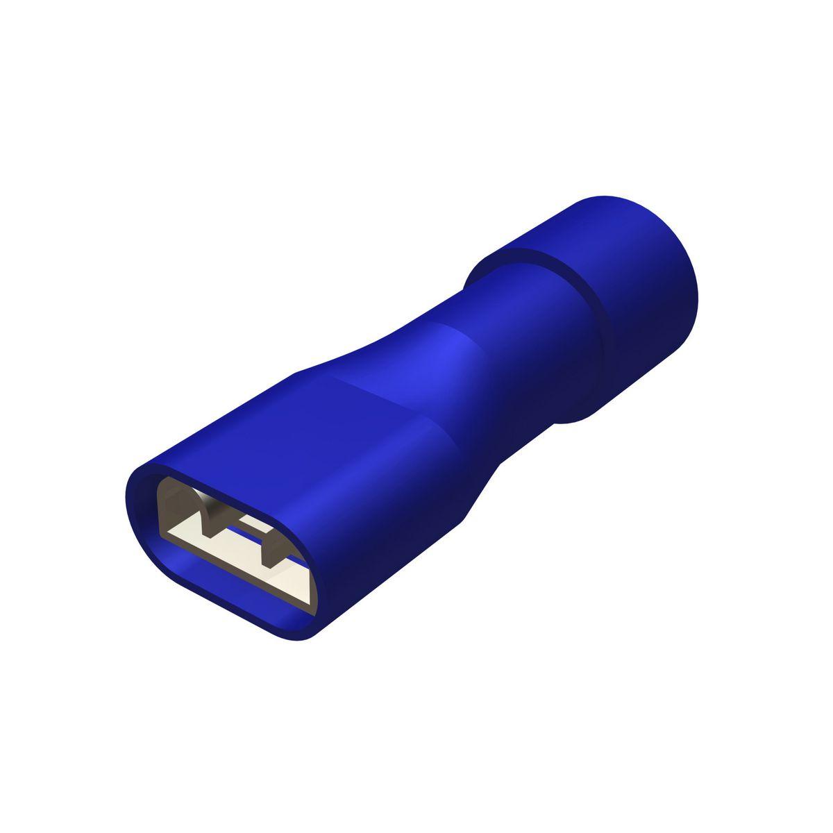 Hubbell FQN14F25X03D Brass Fully Insul Female Quick Disconnects, Funnel Entry, 14-16 AWG, 300 V, 0.90" L, 0.25" W, Nylon Insul, Blue(Insul Color).  ; Features: Fully Insulated Connectors: Eliminate The Need For Post Installation Insulation, Funnel Entry Barrel Opening: Assure