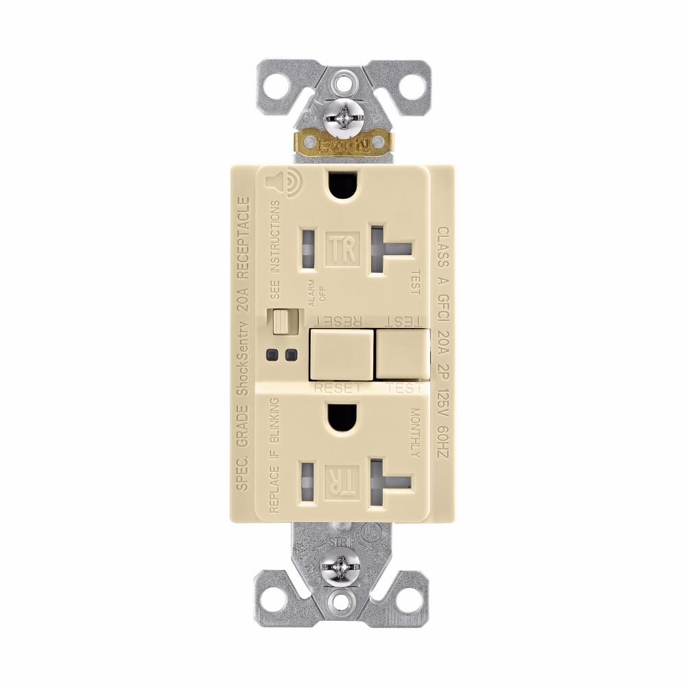 Eaton TRSGFA20V Eaton GFCI receptacle,Audible alarm,Tamper resistant,Self-test,#14 - 10 AWG,20A,Residential,Commercial,Flush,125 V,GFCI,Back and side wire,Ivory,Brass,Receptacle,Tamper resistant,Polycarbonate,5-20R,Two-pole, three-wire, grounding