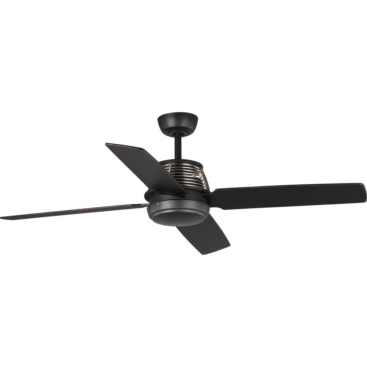 Hubbell P2590-80 The 56” Schaffer four-blade ceiling fan blends a streamlined design with mixed metal elements and a wire mesh housing, suitable for modern and urban industrial spaces. The Forged Black ceiling fan comes with chrome accents. A remote control with batteries