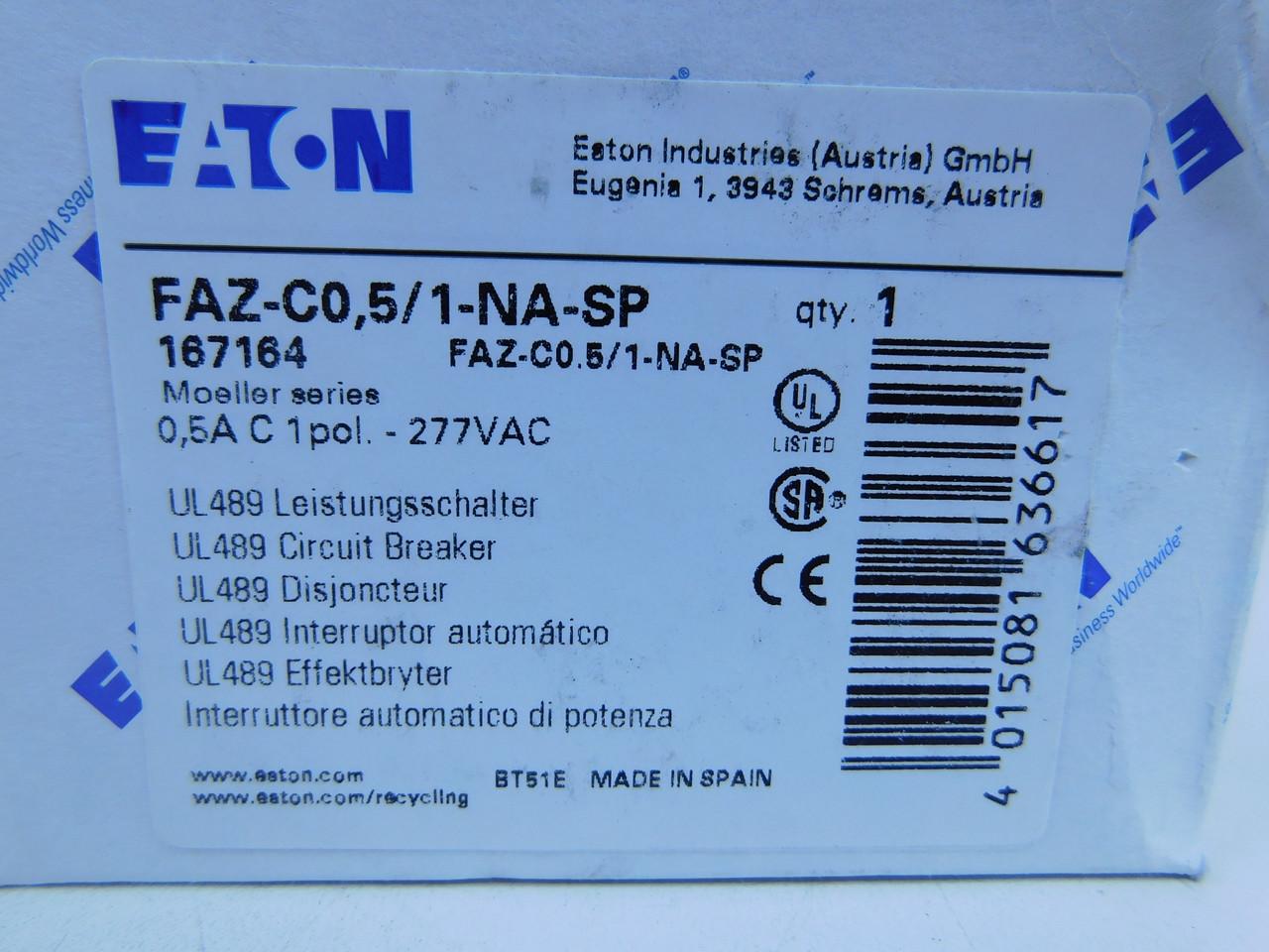 Eaton FAZ-C0.5/1-NA-SP Eaton FAZ branch protector,UL 489 Industrial miniature circuit breaker - supplementary protector,Single package,Medium levels of inrush current are expected,0.5 A,10 kAIC,Single-pole,277 V,5-10X /n,Q38,50-60 Hz,Screw terminals,C Curve
