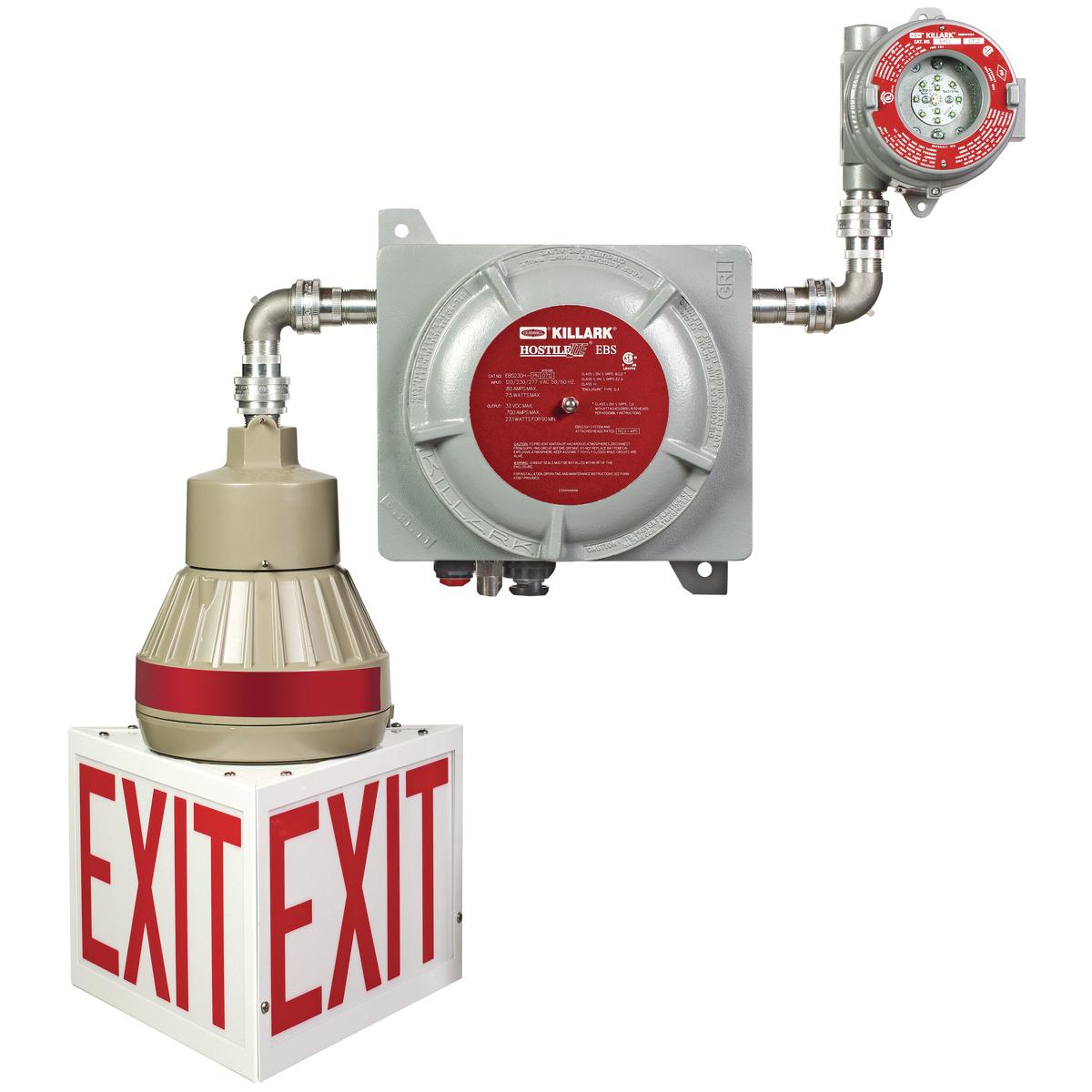 Hubbell EBS23DH-PTCE The EBS Series Explosion Proof LED Emergency Battery Backup System is designed for egress or anti-panic applications. This fixture is made with a cast copper-free aluminum housing and fixture heads that are powder epoxy powder coat painted for extra corro