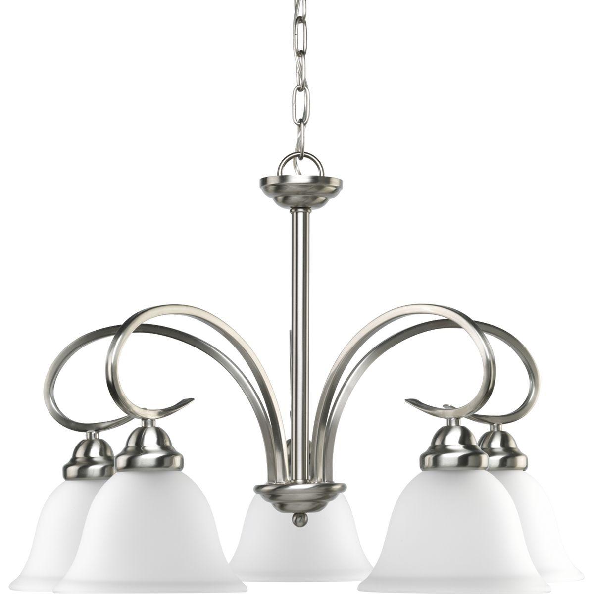 Hubbell HS41004-09 Featuring delicate scrolled metalwork and soft details, this casual five-light chandelier is perfect for many interiors. Slightly tapered etched glass shades are completed by a Brushed Nickel finish. This fixture is hung with the shades facing downwards o