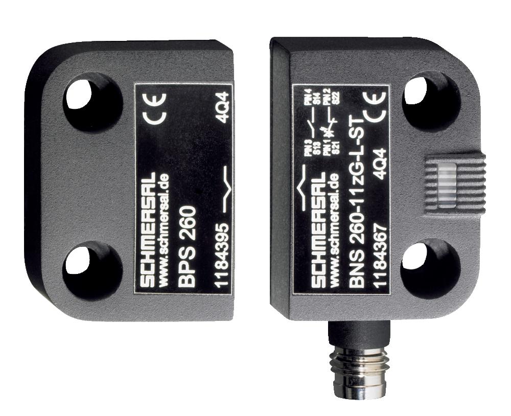 Schmersal BNS 260-02Z-ST-R Safety sensors; Magnetic safety sensors; Connector M8 x 1, 4-pole; Thermoplastic enclosure; Small body; Concealed mounting possible; 26 mm x 36 mm x 13 mm; Long life; no mechanical wear; Insensitive to transverse misalignment; Insensitive to soiling